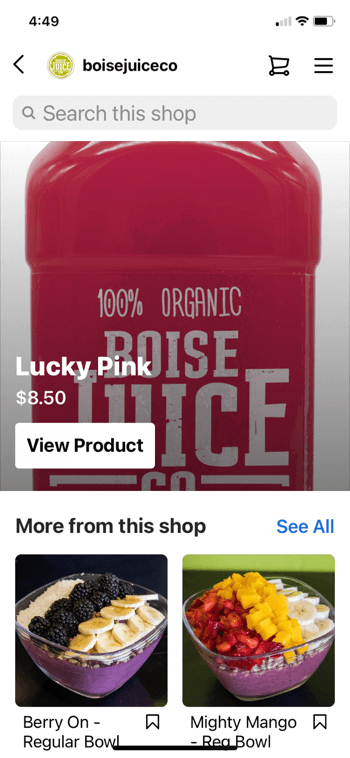 eksempel på instagramprodukt shopping fra @boisejuiceco viser lucky pink for $ 8,50 og under mere fra dette shop vises en regelmæssig bærskål og en mægtig mango-regelmæssig skål sammen med muligheden for at søge i butikken