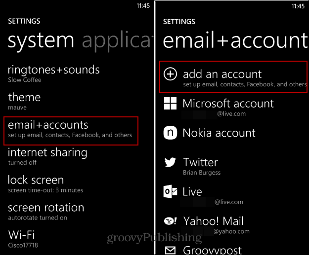 Sådan konfigureres e-mail og sociale konti på Windows Phone