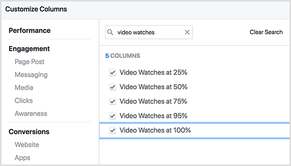 Skærmen Facebook Ads Manager Tilpas kolonner har et søgefelt øverst. Søgeudtrykket Videoure indtastes i søgefeltet, og resultaterne er Videoure med 25 procent, Videoure med 50 procent osv. Inklusive 75 procent, 95 procent og 100 procent.