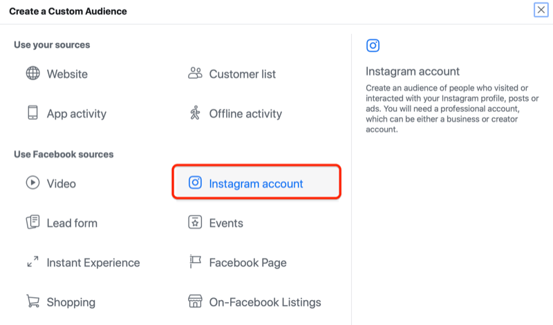 facebook ads manager oprette en brugerdefineret målgruppen menu med instagram konto indstilling fremhævet