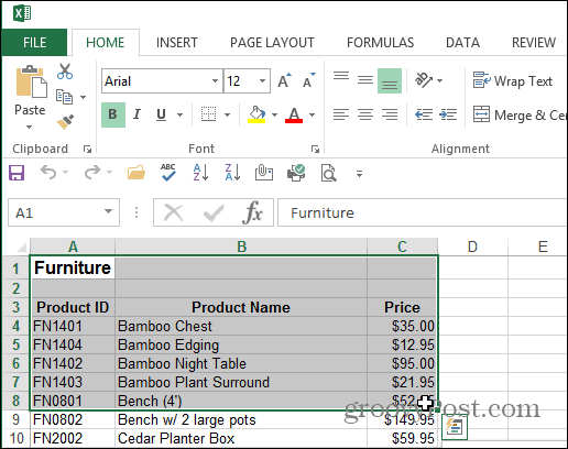 Vælg Area Excel-dokument