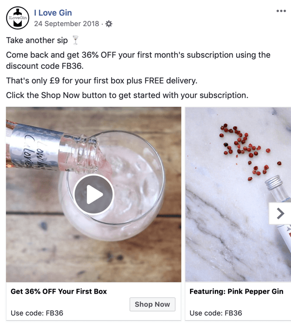 Sådan oprettes Facebook-rækkevidde-annoncer, trin 8, eksempel på annoncemateriale af I Love Gin