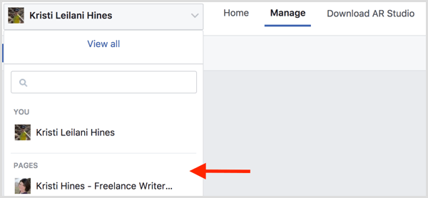For at oprette en Facebook-ramme til din begivenhed skal du gå til Manage Effects og vælge din Facebook-side.