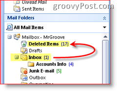Outlook 2007-skærmbillede, der forklarer, at slettede poster flyttes til mappen med slettede emner