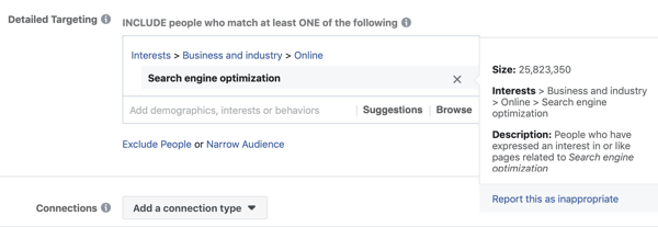 Eksempel på standard-facebook-målretning for den interesse, søgemaskineoptimering resulterer i et publikum, der er for stort, 25 millioner.