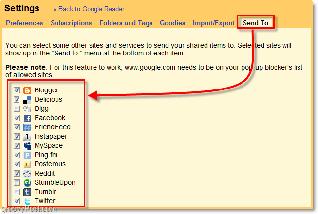 Brug fanen Send til i Google-læser til at vælge, hvilke websteder der vises på din send til liste