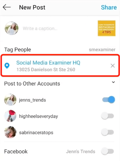instagram ny postindstilling, der viser en placering valgt til tagging