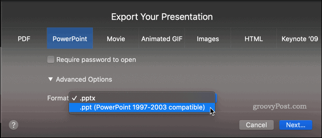Eksport af en Keynote-præsentation som en PPT-fil