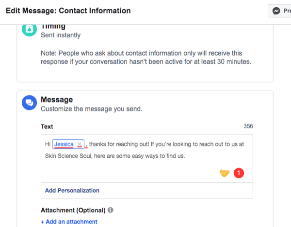 skærmbillede af installationsgrænsefladen til Facebook Messenger-kontaktoplysninger automatisk svar