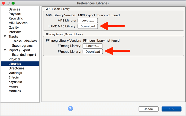 Installer den valgfri LAME MP3-indkoder og FFmpeg-biblioteket med Audacity.