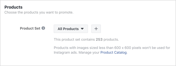 Klik på + -tegnet i afsnittet Produkter på annonceniveauet i din Facebook-kampagne.