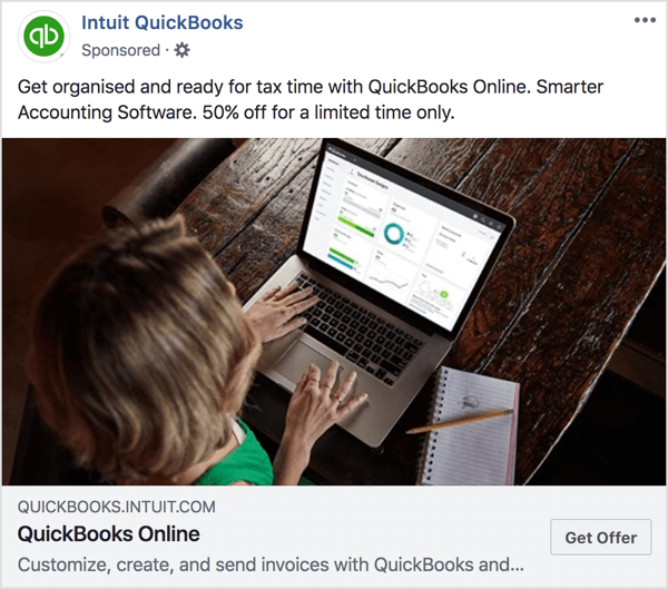 I denne Intuit QuickBooks-annonce og destinationsside skal du bemærke, at farvetoner og tilbud er konsistente.