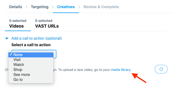 Valgmuligheder for at indstille en opfordring til handling for din Twitter-hostede video til din In-Stream Video Views (Pre-Roll) Twitter-annonce.