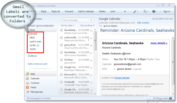 e-mail-klient til Windows Live Mail, gmail-etiketter konverteres til mapper i Windows Live Mail