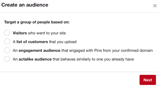 Pinterest's publikum fungerer på samme måde som Facebooks brugerdefinerede målgrupper.