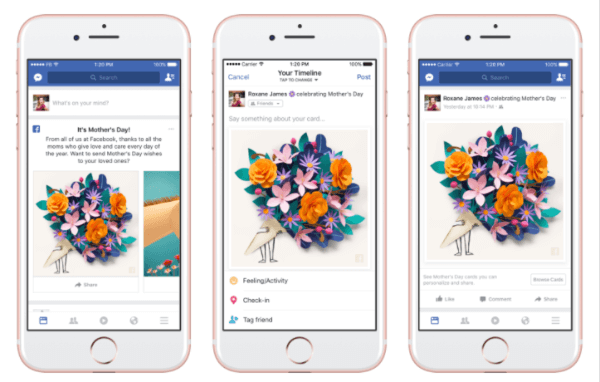 Facebook rullede ud personlige kort, tema-masker og rammer i Facebook-kameraet og en midlertidig "taknemmelig" reaktion til ære for mors dag.