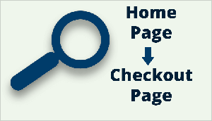 Dette er en illustration, der fremhæver, hvordan Tanner Larsson analyserer kunderejsen på et websted. Illustrationen har en lysegrøn baggrund. Et mørkeblåt forstørrelsesglasikon vises til venstre. Til højre i mørkeblå tekst vises teksten "Hjemmeside" øverst til højre. Derefter vises en pil, der peger nedad. Under pilen er teksten "Checkout Page".