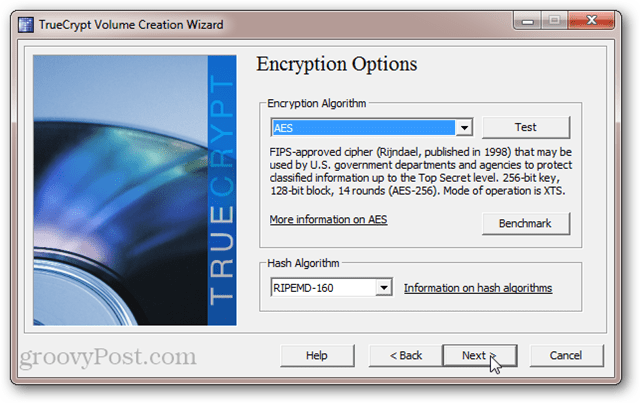 TrueCrypt-krypteringsindstillinger: AES, SerpentFish, Twofish, Cascades