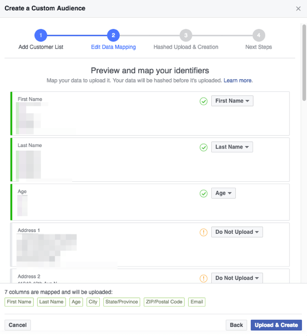 Sørg for, at felterne, som Facebook registrerer i din CSV-fil, er kortlagt korrekt til kategorier, som Facebook forstår.