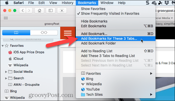 Vælg Tilføj bogmærker til disse faner i Safari på Mac