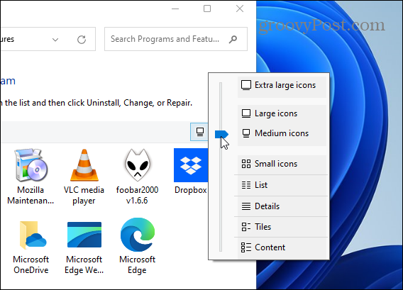 Skift kontrolpanel for appikonstørrelse Windows 11