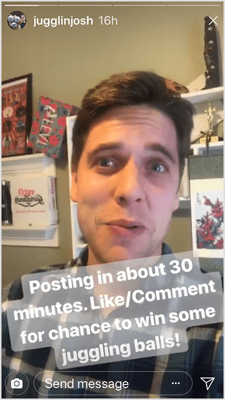 Josh Horton Instagram-historiepost viser Josh vendt mod kameraet med teksten Posting In About 30 Mintues. Synes godt om / kommentar for at vinde nogle jongleringsbolde!