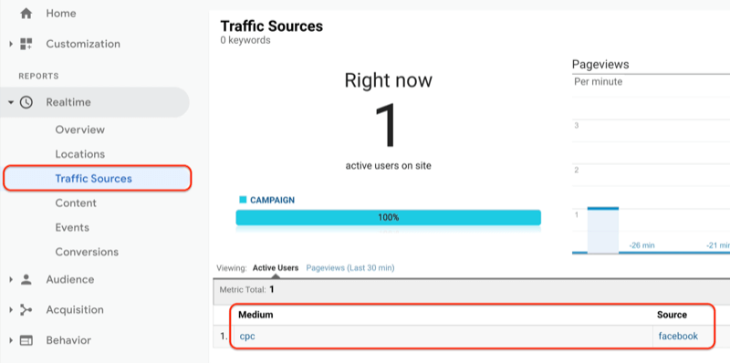 google analytics-menu, der viser trafikkilderapporten under realtid, og trafikkilderapporten, der viser den netop oprettede url, ses og registreres i google analytics
