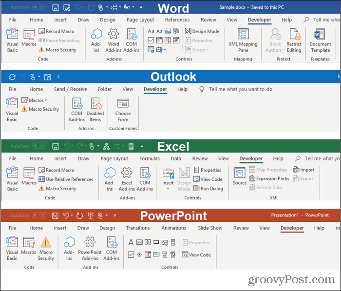 Udviklervinduer i Microsoft Office-programmer