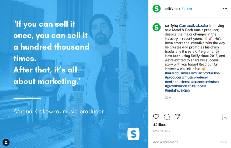 kundecitatgrafik fra Sellfy Instagram-konto