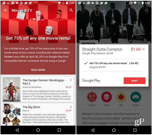 Google Play Film tilbyder 75% rabat på enhver filmudlejning