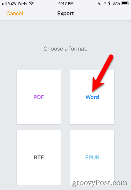 Tryk på Word i sider til iOS