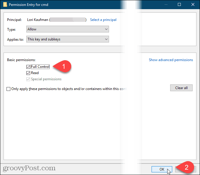 Kontroller fuld kontrol, og klik på OK i dialogboksen Tilladelsesindtastning i Windows-registreringsdatabasen