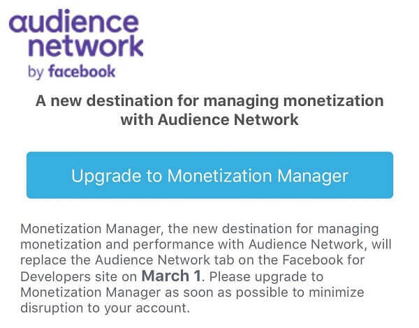 Facebook Monetization Manager erstatter fanen Audience Network på siden Facebook for Developers fra den 1. marts.
