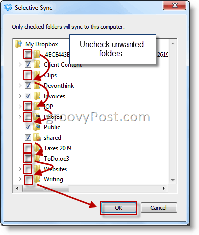 Valg af Windows Selective Sync Dropbox-mappe
