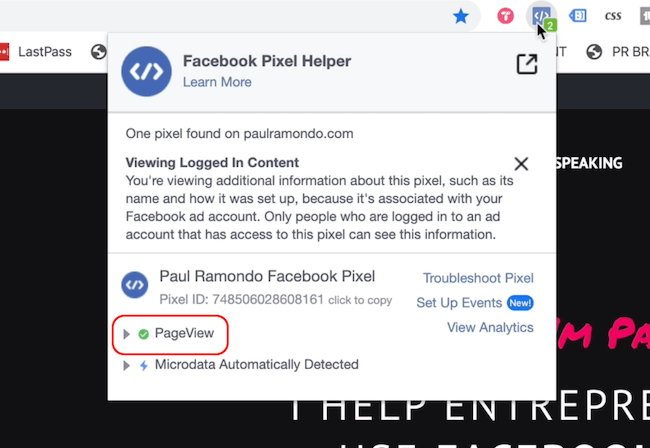 Facebook Pixel Helper, der viser Page View-begivenhed
