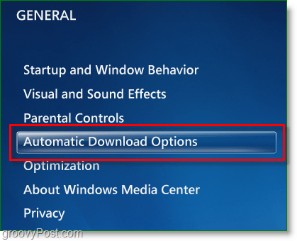 Windows 7 Media Center - klik på automatiske downloadindstillinger