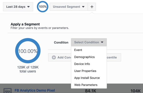 Betingelsesmuligheder for dine segmenter i dine Facebook Analytics begivenhedskildegrupper.