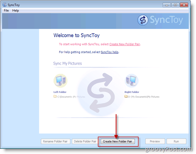 Microsoft SyncToy Opret nyt skærmbillede af mappepar