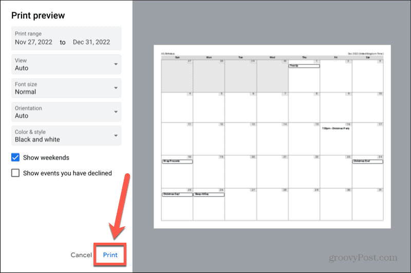 google kalender print knap
