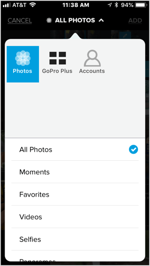 Tryk på + ikonet, og vælg en video eller fem eller flere billeder, der skal importeres til Quik.