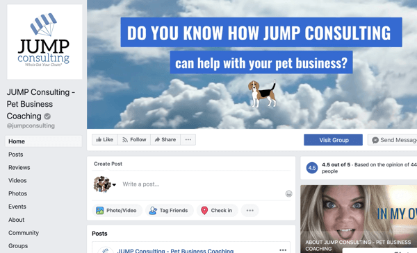 Sådan bruges Facebook Groups-funktioner, eksempel på Facebook-side til JUMP Consulting
