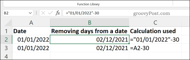 Fjernelse af dage fra en dato i Excel