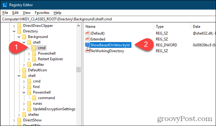 Omdøb baggrund cmd HideBasedOnVelocityId-værdi i Windows Registry Editor