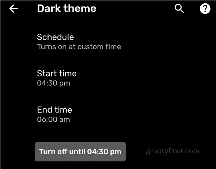 Mørkt tema tidsplan tilpasset tidsindstilling