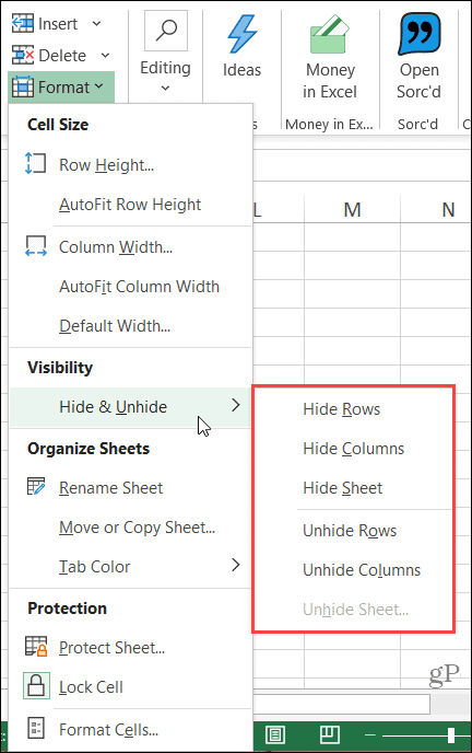 Skjul kolonnebånd i Excel på Windows