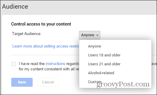 Google+ indlæg side med restriktionsindstillinger alkohol