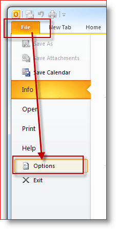 Outlook 2010-fil, menuen Valg