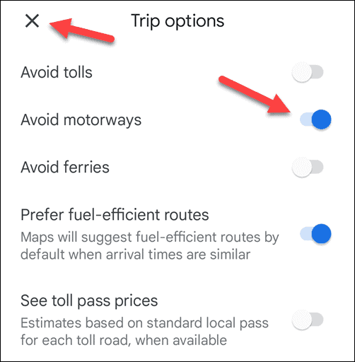 Undgå motorveje i Google Maps på mobilen