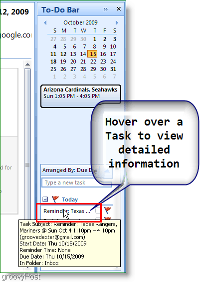 Outlook 2007 To-Do Bar - Hold markøren over elementet for at få flere detaljer