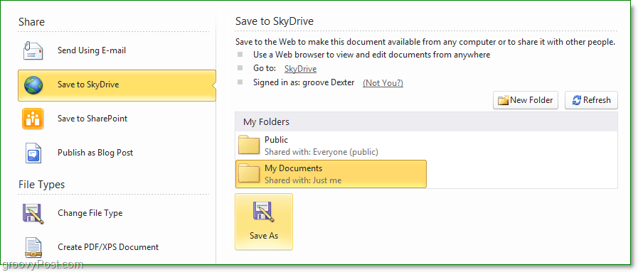 hvordan gemmer jeg en fil til Office 2010-skydrive